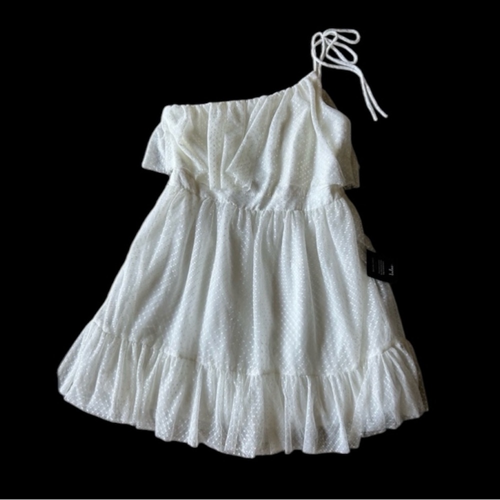▶️ Lulus White One Shoulder Ruffle Dress Womens L Mini Bridal Shower Party NWT - Picture 4 of 10